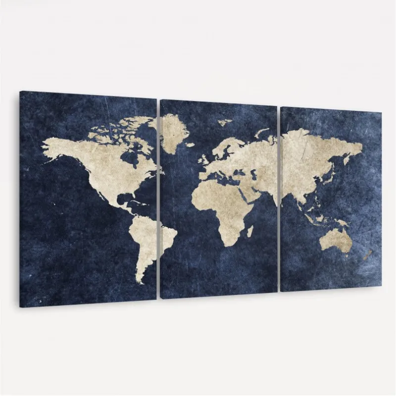 Quadro Mapa Mundi decorativo Efeito Rústico Azul em 3 Peças