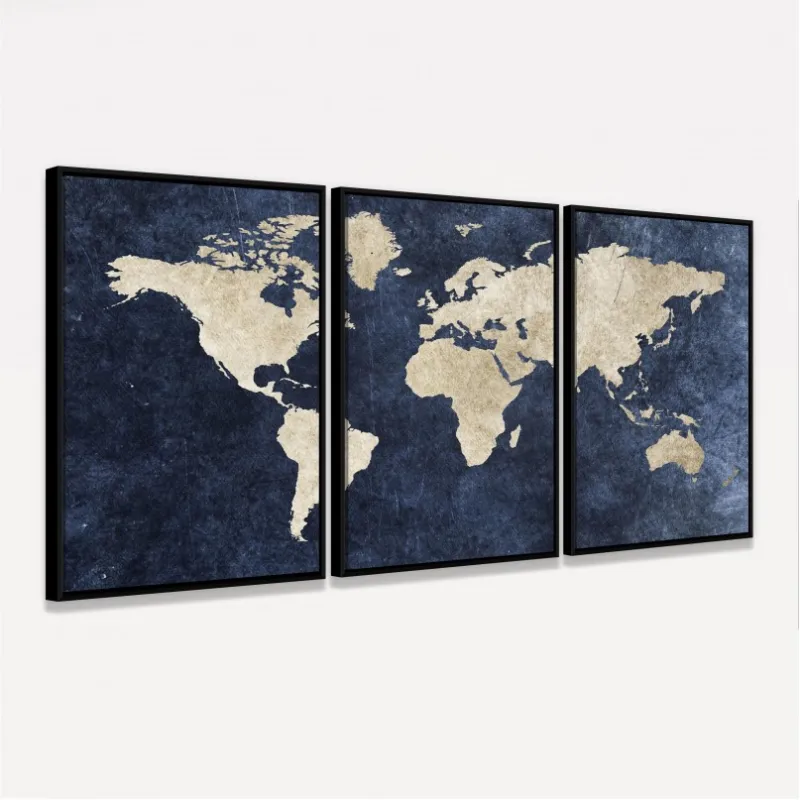 Quadro Mapa Mundi decorativo Efeito Rústico Azul em 3 Peças