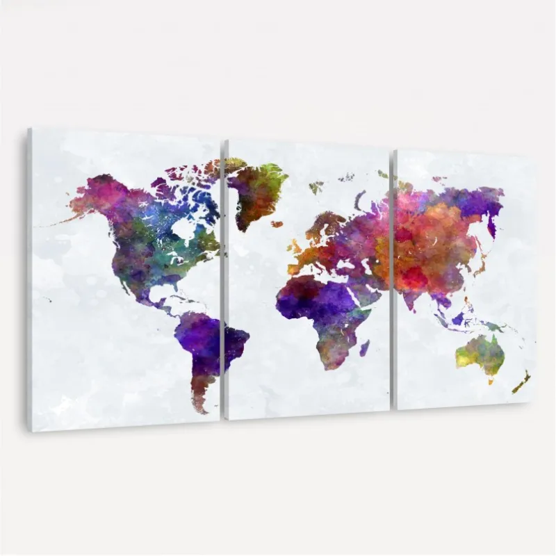Quadro Mapa Mundi Aquarela Colorido - 3 Peças