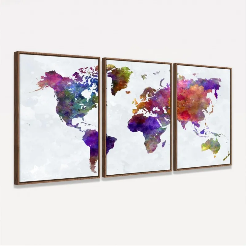 Quadro Mapa Mundi Aquarela Colorido - 3 Peças
