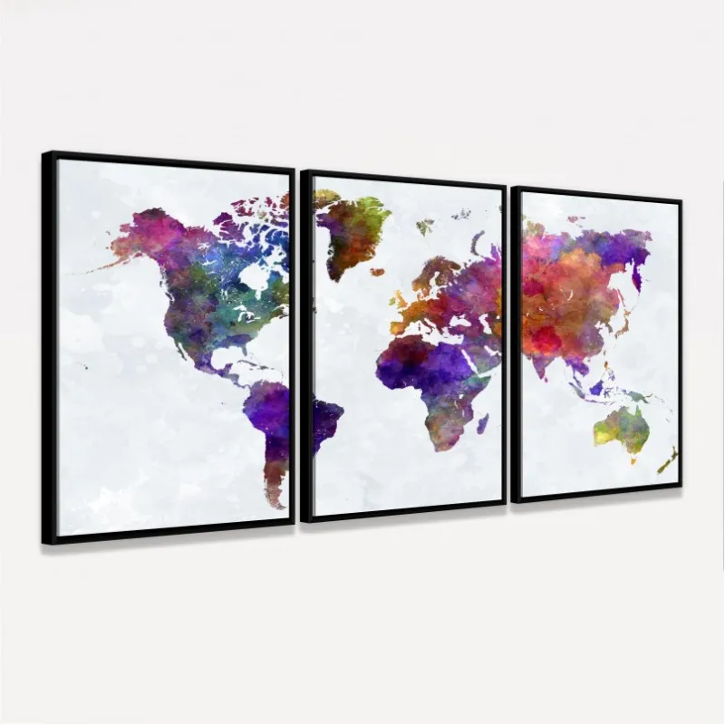 Quadro Mapa Mundi Aquarela Colorido - 3 Peças