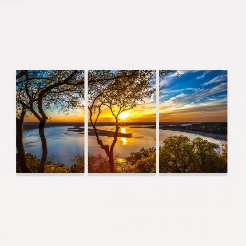 Quadro decorativo Paisagem Entardecer no Lago 3 Peças