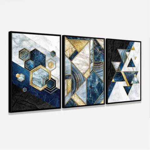 Quadro Abstrato Marmorizado Moderno Azul e Dourado