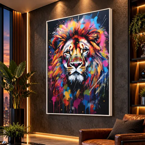 Quadro Leão Moderno Pintura Respingos
