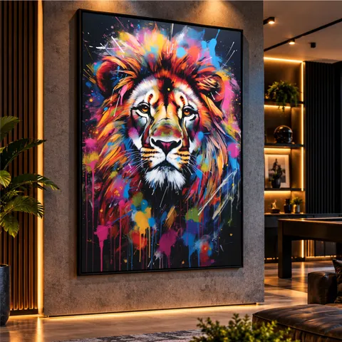 Quadro Leão Moderno Pintura Respingos