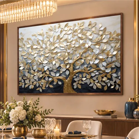 Quadro Abstrato Árvore da Vida em Abundância Detalhes Ouro e Prata
