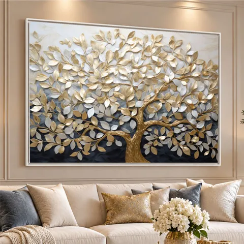 Quadro Abstrato Árvore da Vida em Abundância Detalhes Ouro e Prata