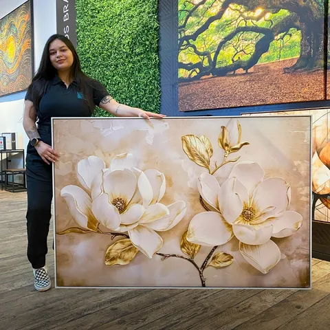 Quadro Luxo Floral Magnólias Douradas e Branco - Arte Exclusiva