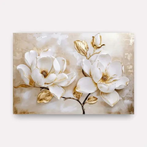 Quadro Luxo Floral Magnólias Douradas e Branco - Arte Exclusiva