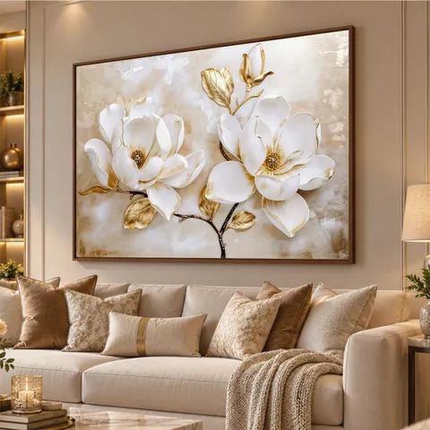 Quadro Luxo Floral Magnólias Douradas e Branco
