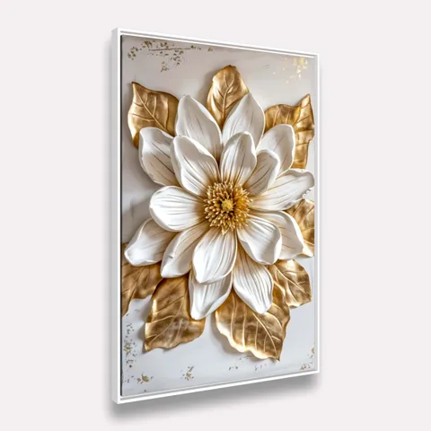 Quadro Magnólia Luxo Real Toque Dourado e Branco - Arte Exclusiva