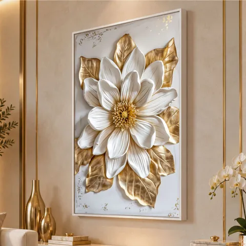 Quadro Magnólia Luxo Real Toque Dourado e Branco