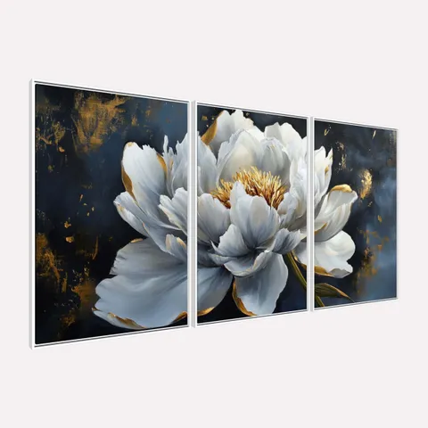 Quadro Floral Luxuoso Peônia Branca com Detalhes Dourados - Arte Exclusiva