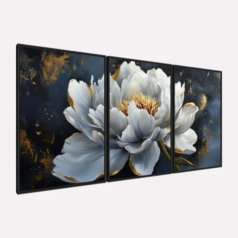 Quadro Floral Luxuoso Peônia Branca com Detalhes Dourados - Arte Exclusiva