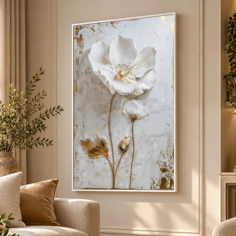 Quadro Flor Orquídea Branca o Poema em Pétalas Detalhes Dourados