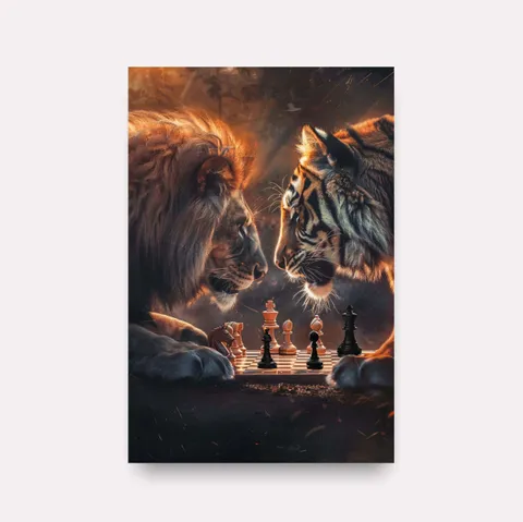 Quadro Decorativo Xadrez Partida Feroz Leão vs Tigre