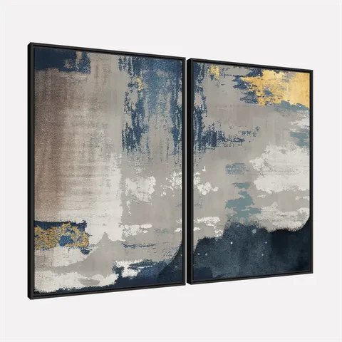 Quadro Duo Abstrato Arte Moderna Azul e Cinza Toque Metálico