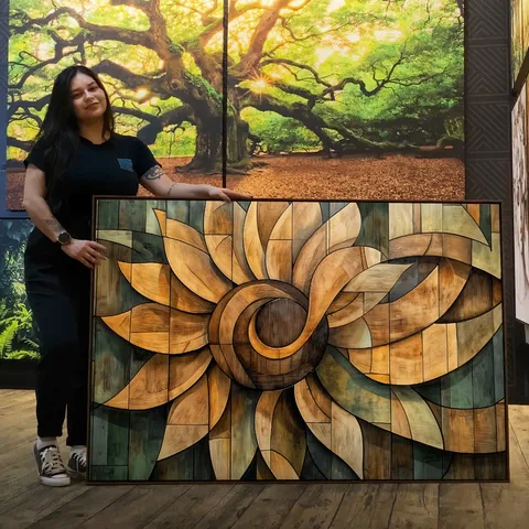 Quadro Abstrato Mandala de Girassol Ancestral Wood effect - Arte Exclusiva