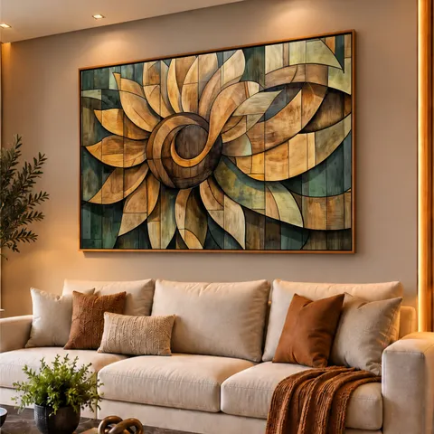 Quadro Abstrato Mandala de Girassol Ancestral Wood effect