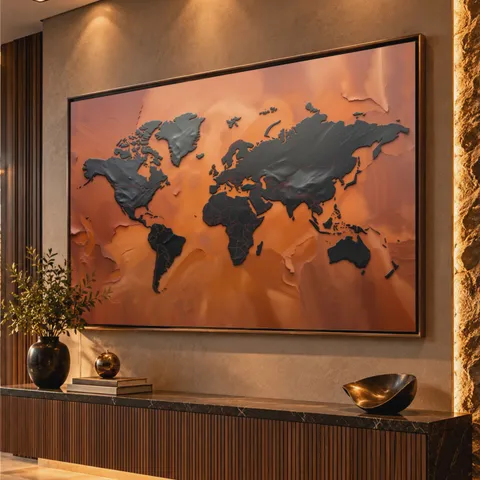 Quadro Mapa Mundi Terracota Vibrante E Grafite Metálico