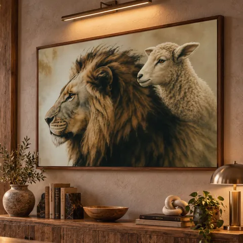 Quadro Leão e o Cordeiro a Força e a Mansidão Efeito Vintage