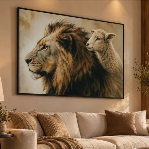Quadro Leão e o Cordeiro a Força e a Mansidão Efeito Vintage