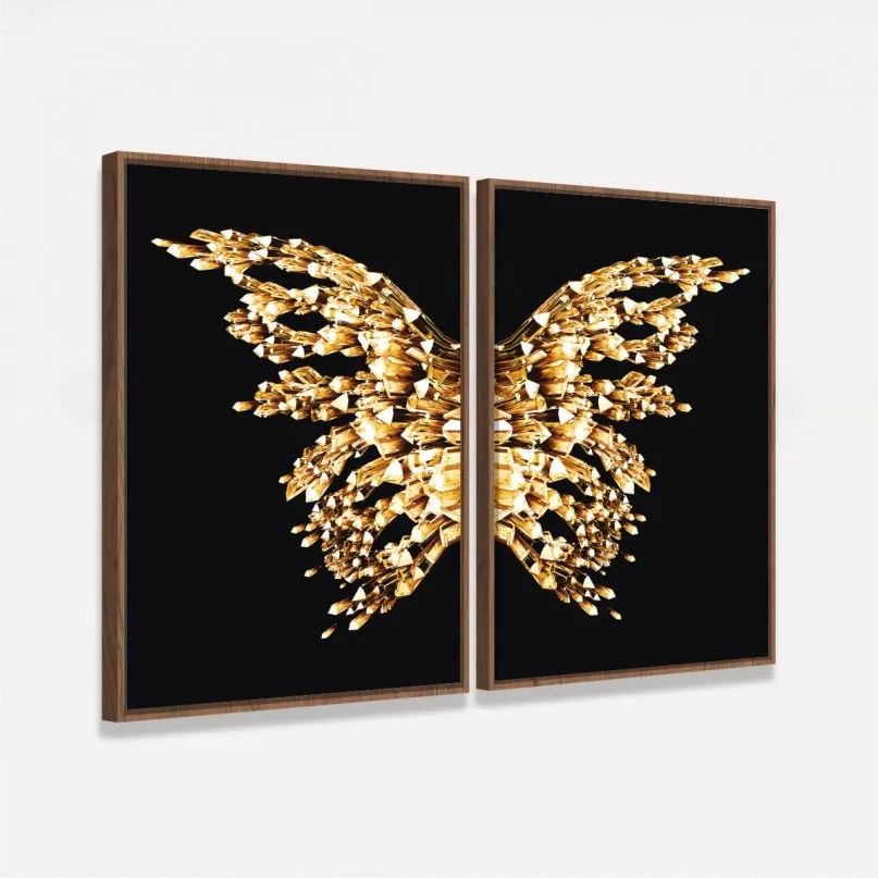 Quadro Abstrato Borboleta Asas Douradas Moderno - Golden On Black