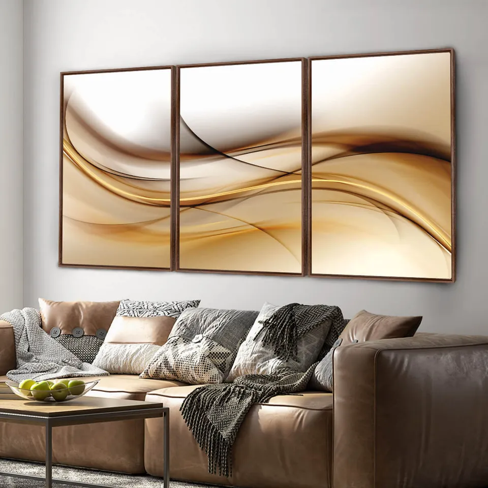 Quadro Abstrato Ondas de Ouro Marrom Tríptico