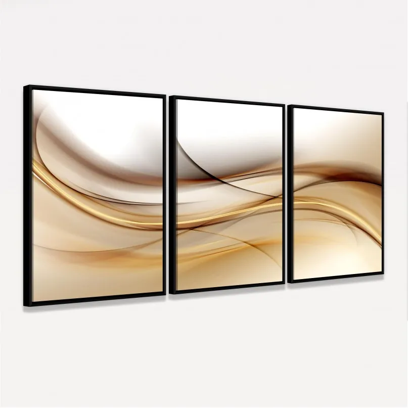 Quadro Abstrato Ondas de Ouro Marrom Tríptico