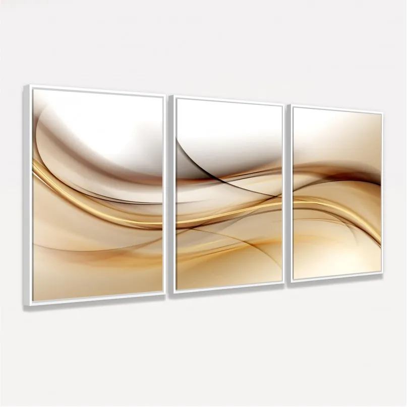 Quadro Abstrato Ondas de Ouro Marrom Tríptico