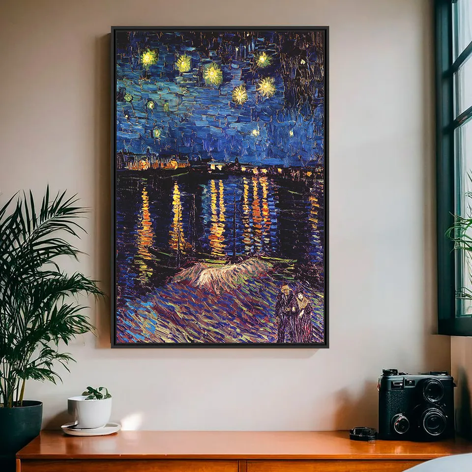 Quadro Noite Estrelada Sobre o Ródano - Van Gogh - Releitura Quadro Noite Estrelada Sobre o Ródano - Van Gogh - Releitura