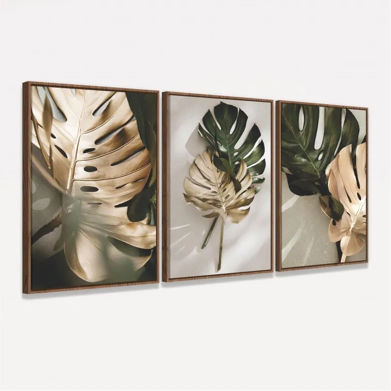 Quadro Folhagem Vintage Costela de Adão em Dourado e Verde