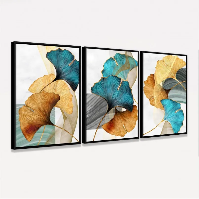 Kit Quadros Folhas Folhagem Luxo Modernas em Arte - 3 Peças