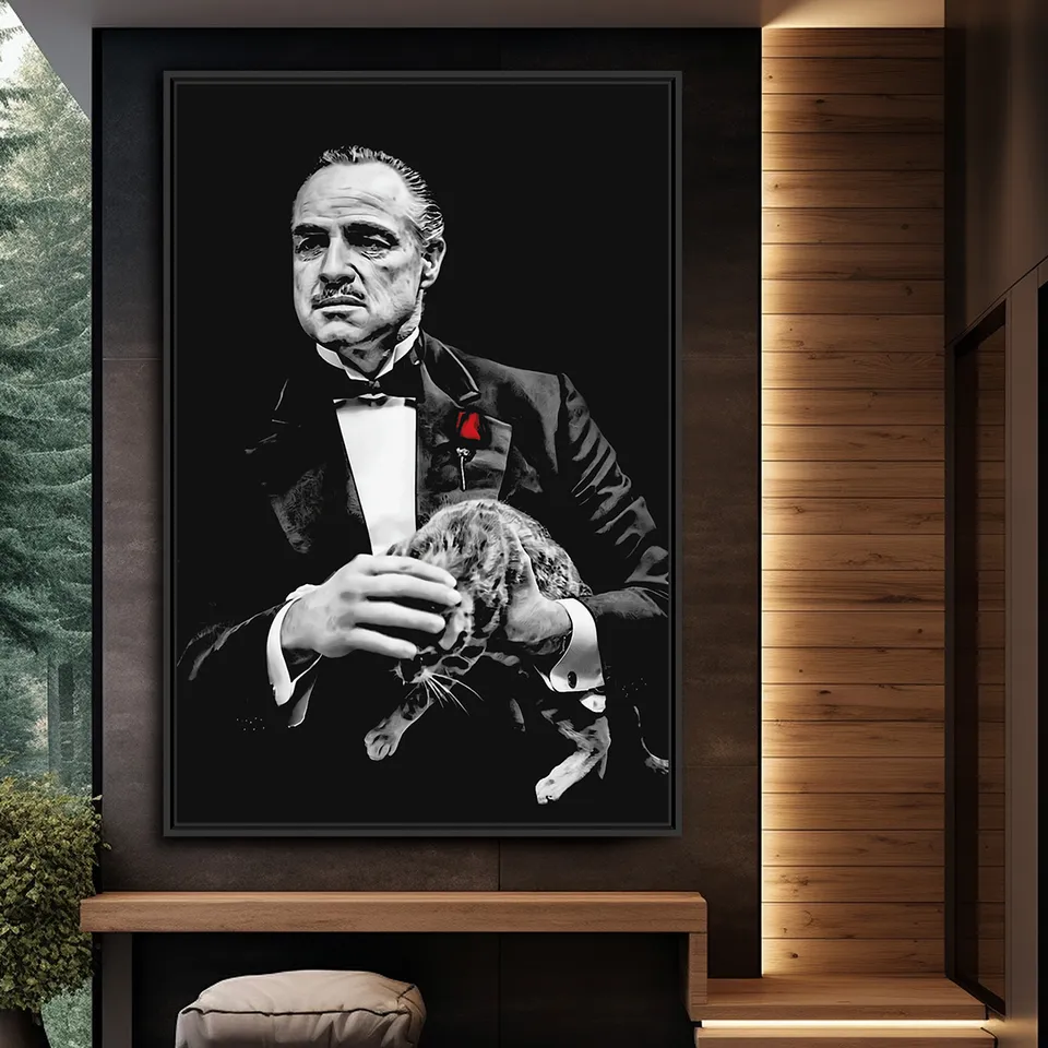Quadro Poderoso Chefão e Gatinho - Preto e Branco