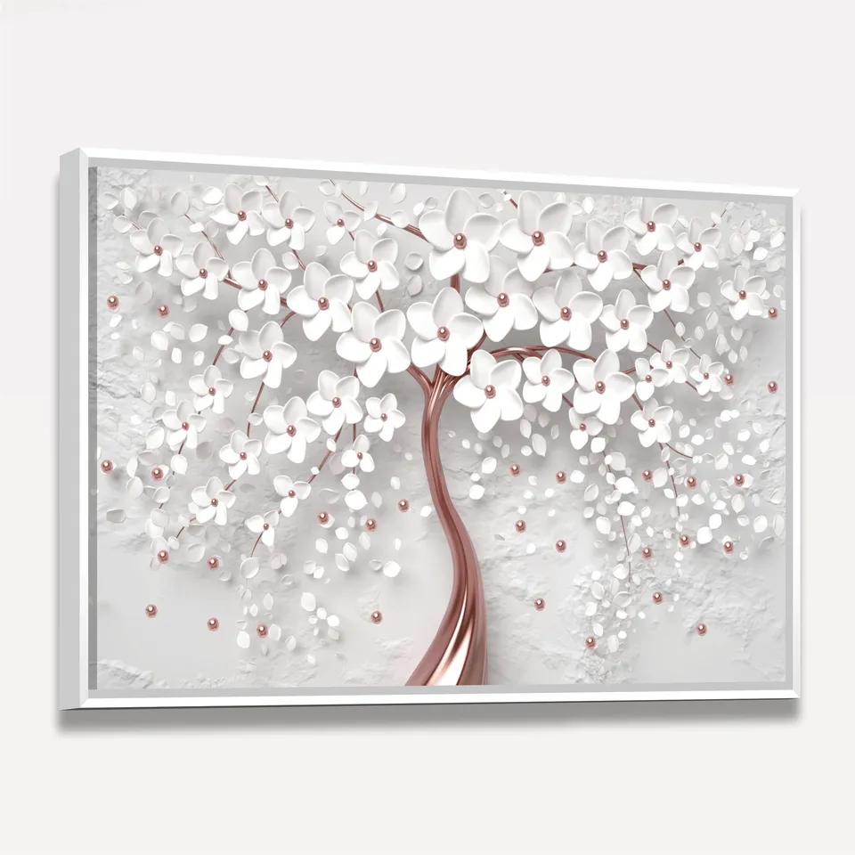 Quadro Decorativo Flores Cerejeira Branca e Rose Gold