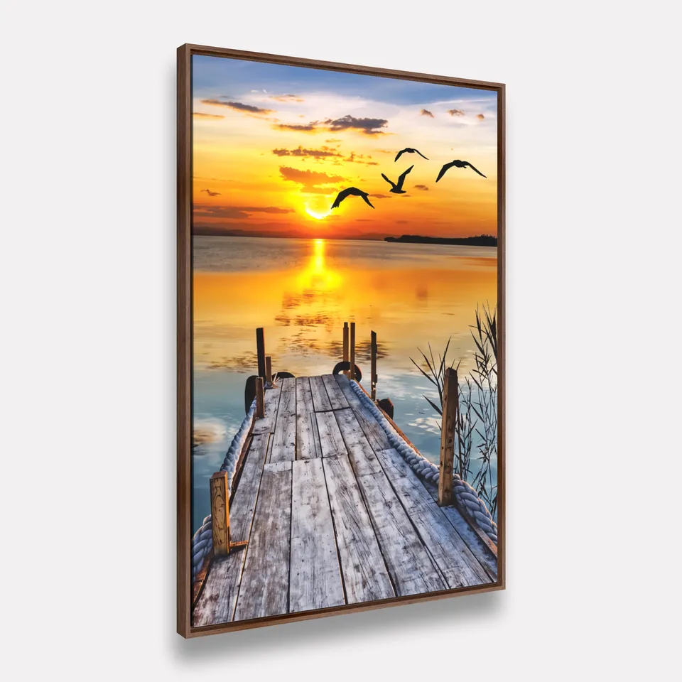 Quadro Serenidade ao Entardecer Mar Pier e Pássaros Quadro Serenidade ao Entardecer Mar Pier e Pássaros