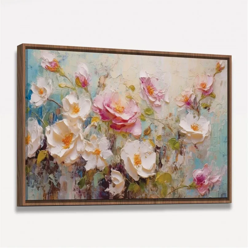 Quadro Floral Rosas e Peônias Estilo Textura Espatulada com tons suaves Quadro Floral Rosas e Peônias Estilo Textura Espatulada com tons suaves