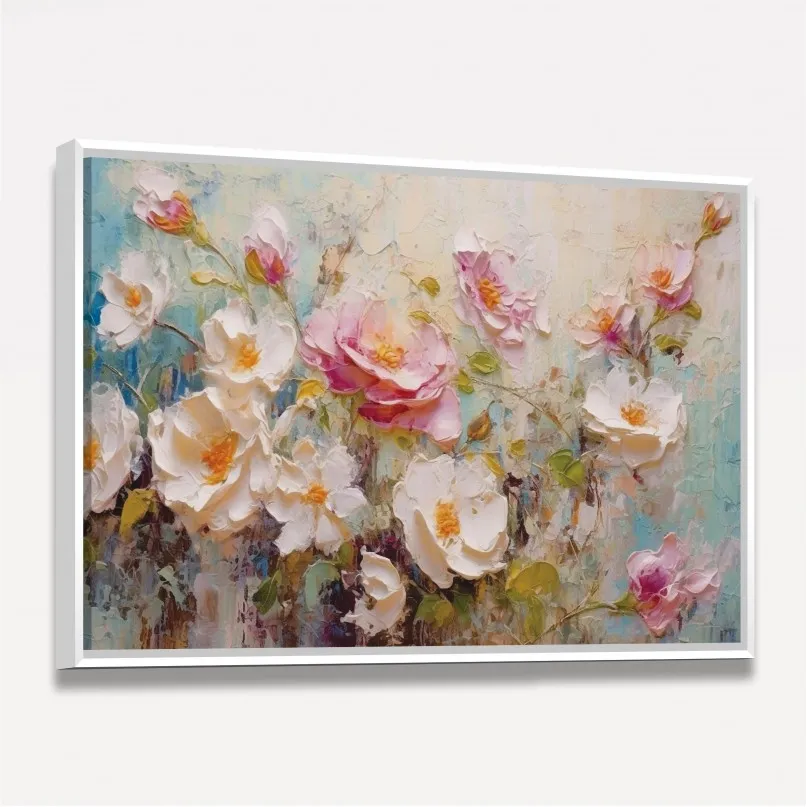 Quadro Floral Rosas e Peônias Estilo Textura Espatulada com tons suaves Quadro Floral Rosas e Peônias Estilo Textura Espatulada com tons suaves