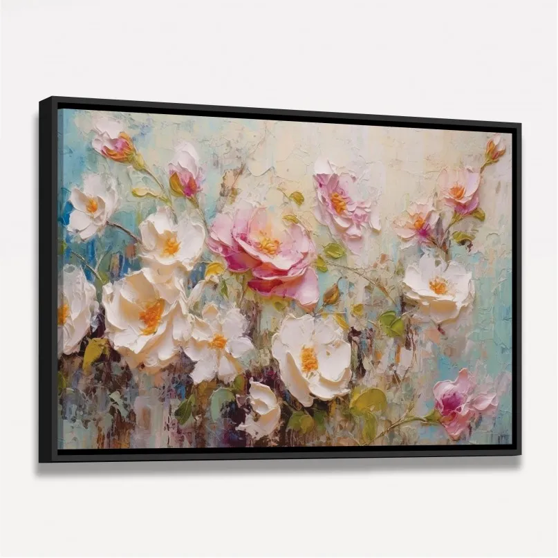 Quadro Floral Rosas e Peônias Estilo Textura Espatulada com tons suaves Quadro Floral Rosas e Peônias Estilo Textura Espatulada com tons suaves