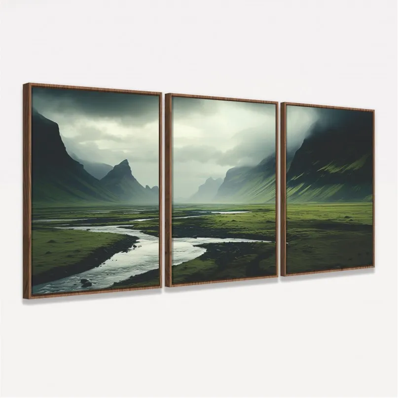Quadro Trio Paisagem Campo com Montanhas na Islândia Quadro Trio Paisagem Campo com Montanhas na Islândia