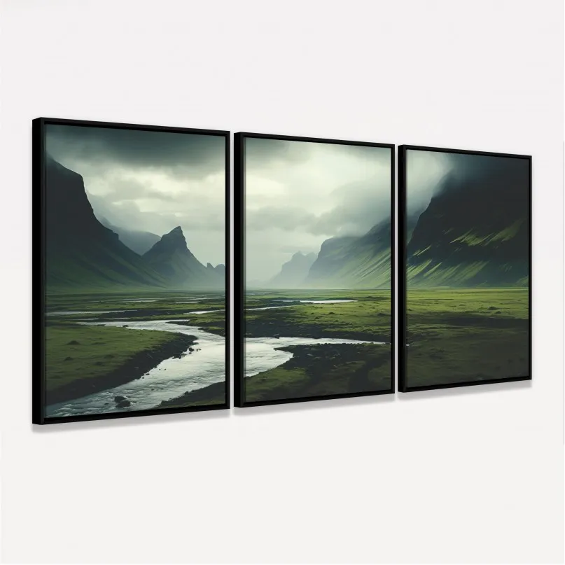 Quadro Trio Paisagem Campo com Montanhas na Islândia Quadro Trio Paisagem Campo com Montanhas na Islândia