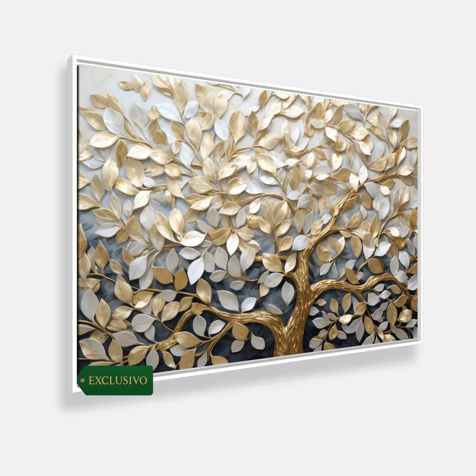 Quadro Abstrato Árvore da Vida em Abundância Detalhes Ouro e Prata Quadro Abstrato Árvore da Vida em Abundância Detalhes Ouro e Prata