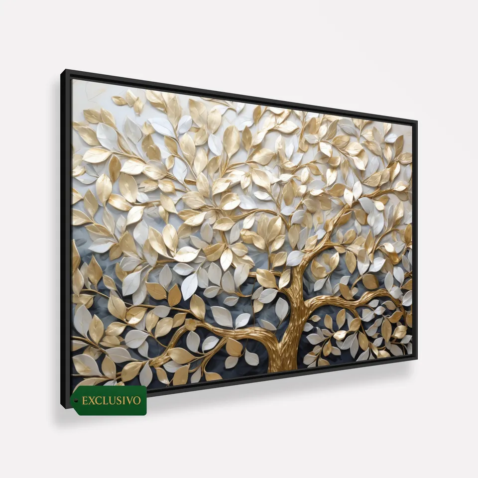 Quadro Abstrato Árvore da Vida em Abundância Detalhes Ouro e Prata Quadro Abstrato Árvore da Vida em Abundância Detalhes Ouro e Prata