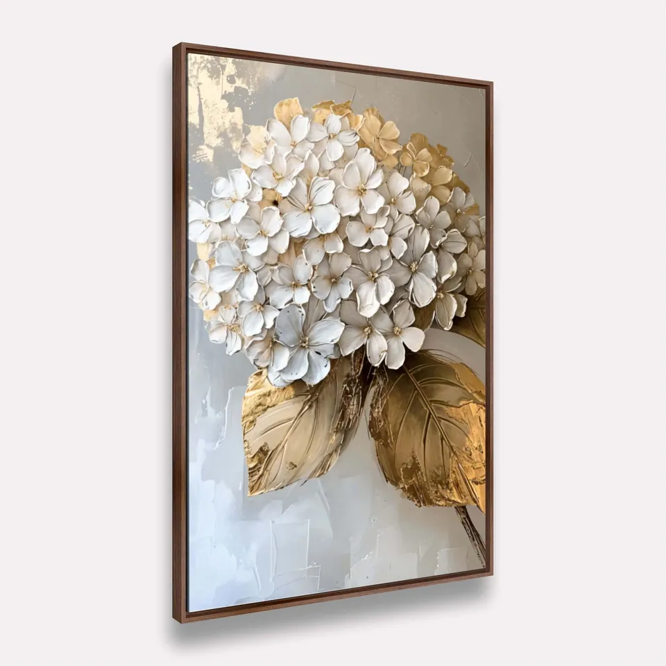 Quadro Floral Maravilhosa Pétalas Abstrato Branco e Dourado