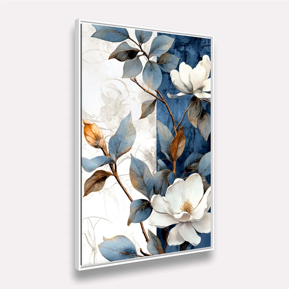 Quadro Ramo Florido Abstrato Azul com Branco Artístico Quadro Ramo Florido Abstrato Azul com Branco Artístico