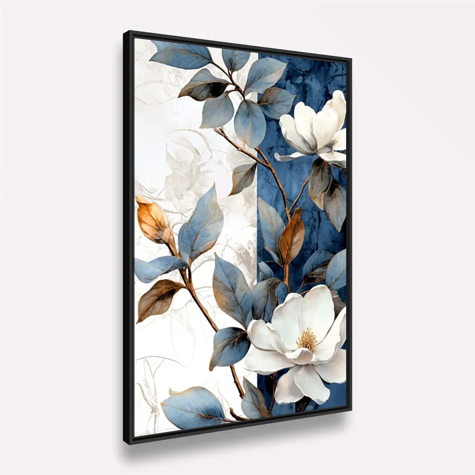Quadro Ramo Florido Abstrato Azul com Branco Artístico Quadro Ramo Florido Abstrato Azul com Branco Artístico