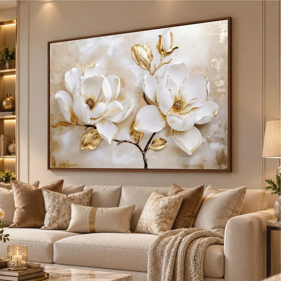 Quadro Luxo Floral Magnólias Douradas e Branco
