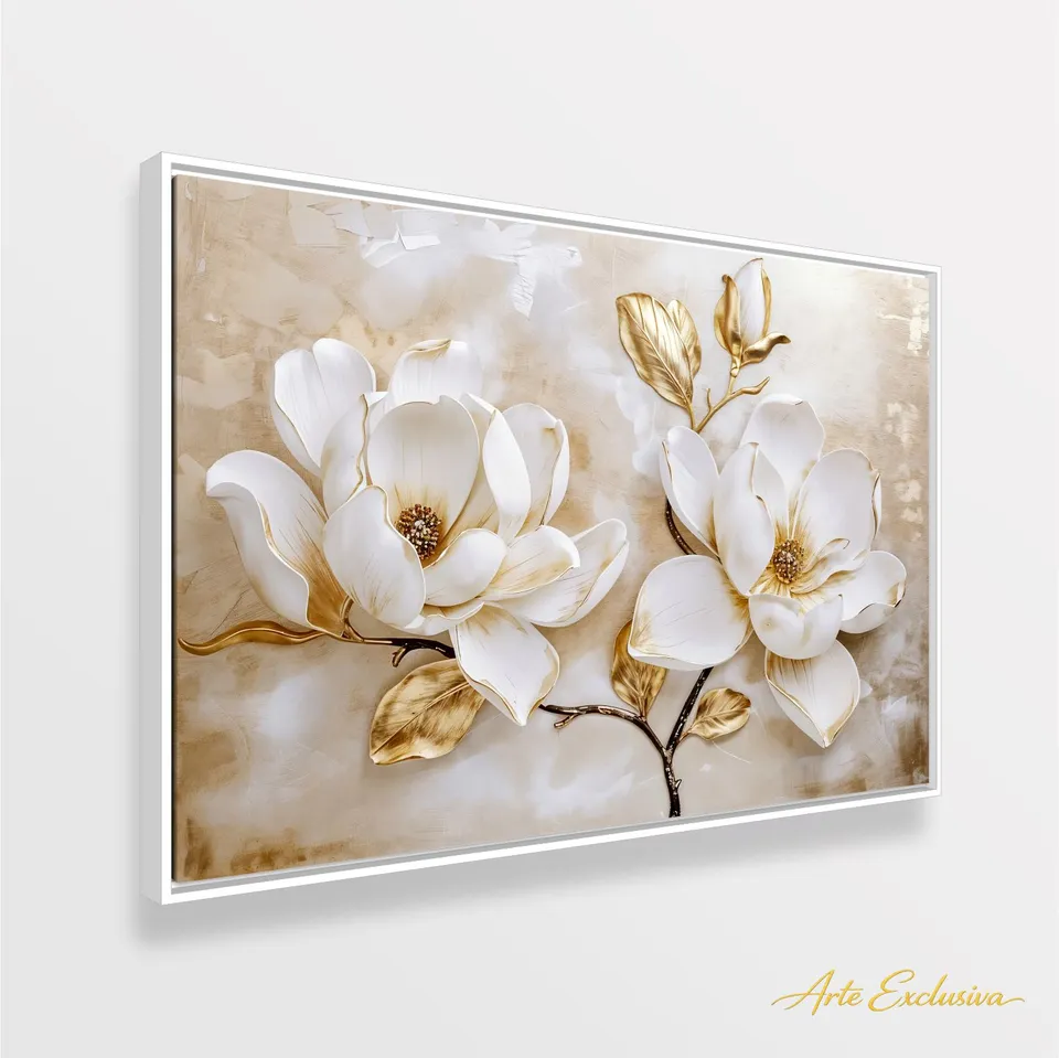 Quadro Luxo Floral Magnólias Douradas e Branco