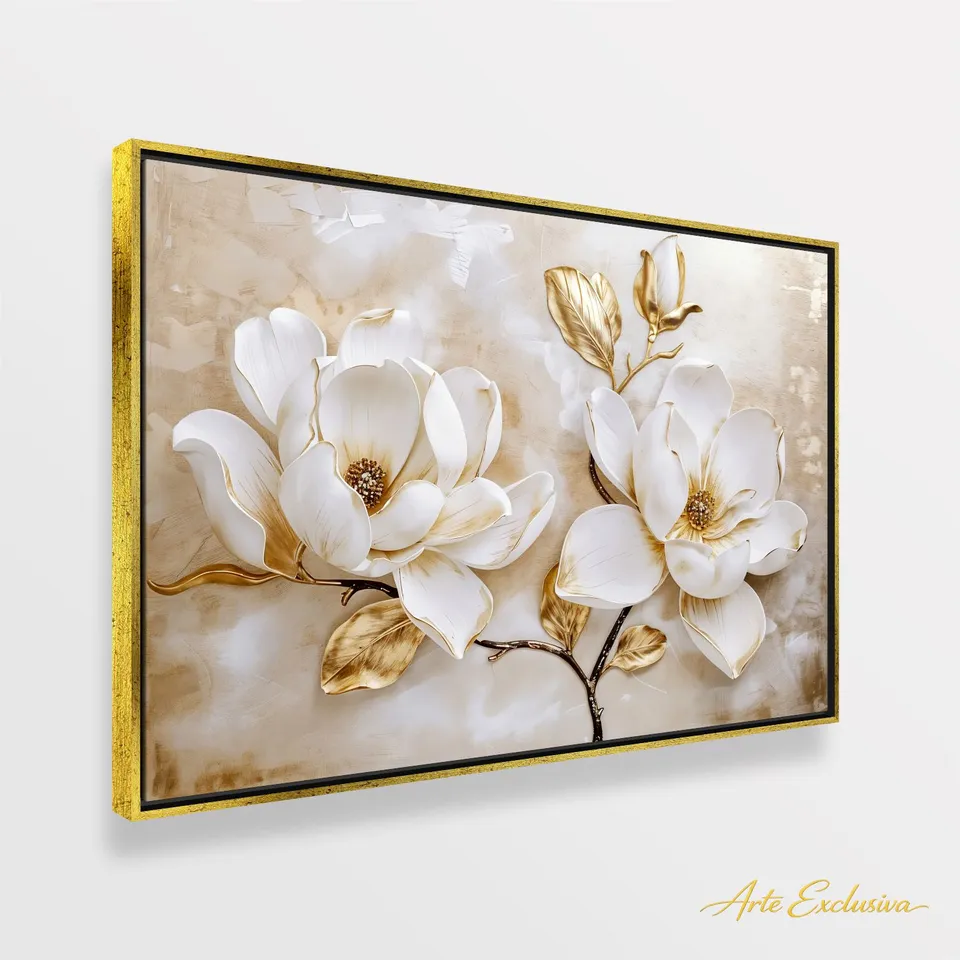 Quadro Luxo Floral Magnólias Douradas e Branco