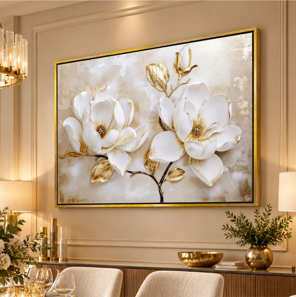Quadro Luxo Floral Magnólias Douradas e Branco